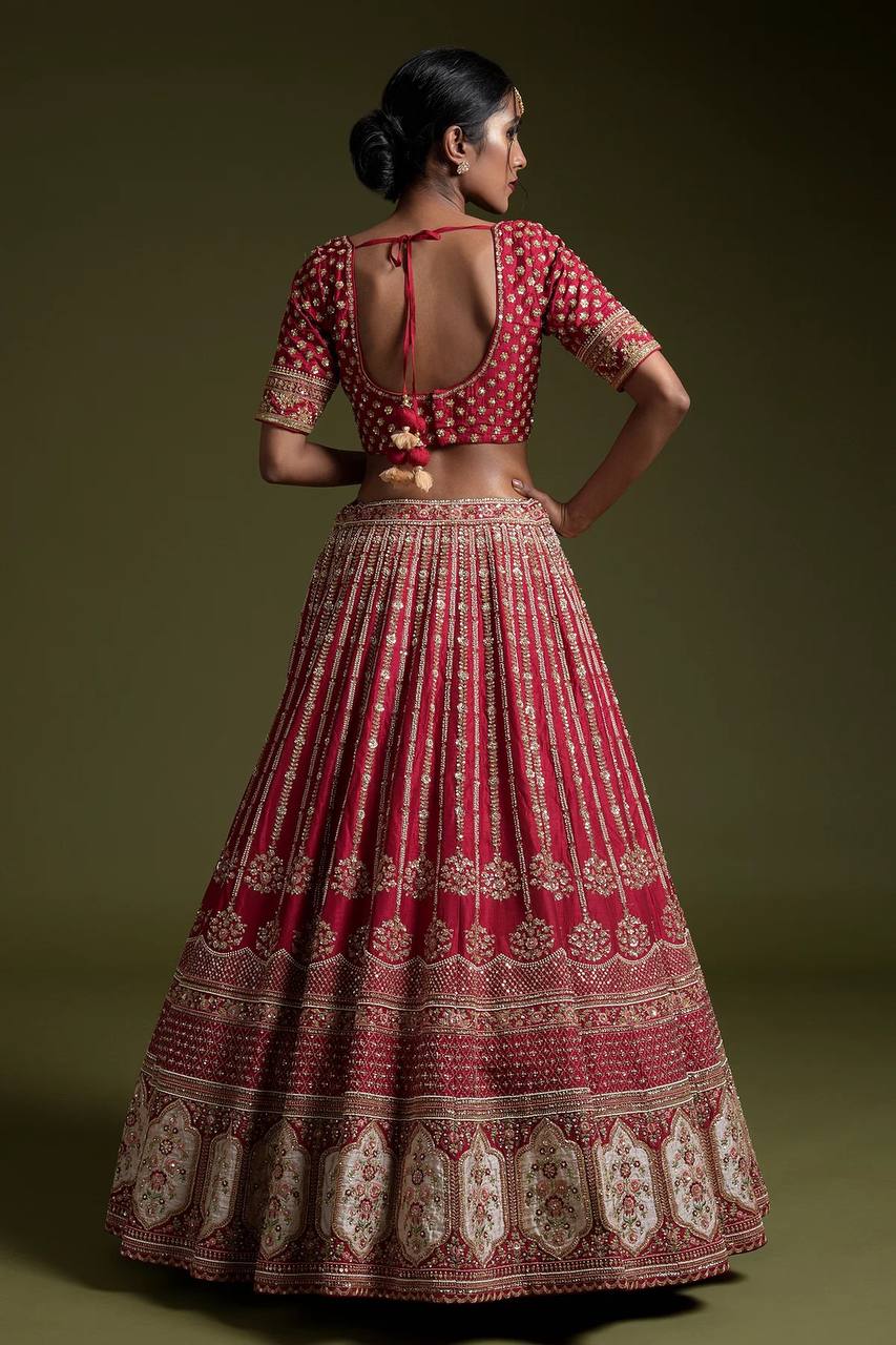 Red Elegant Rangoon Silk Lehenga Set with Sequins and Dori Work
