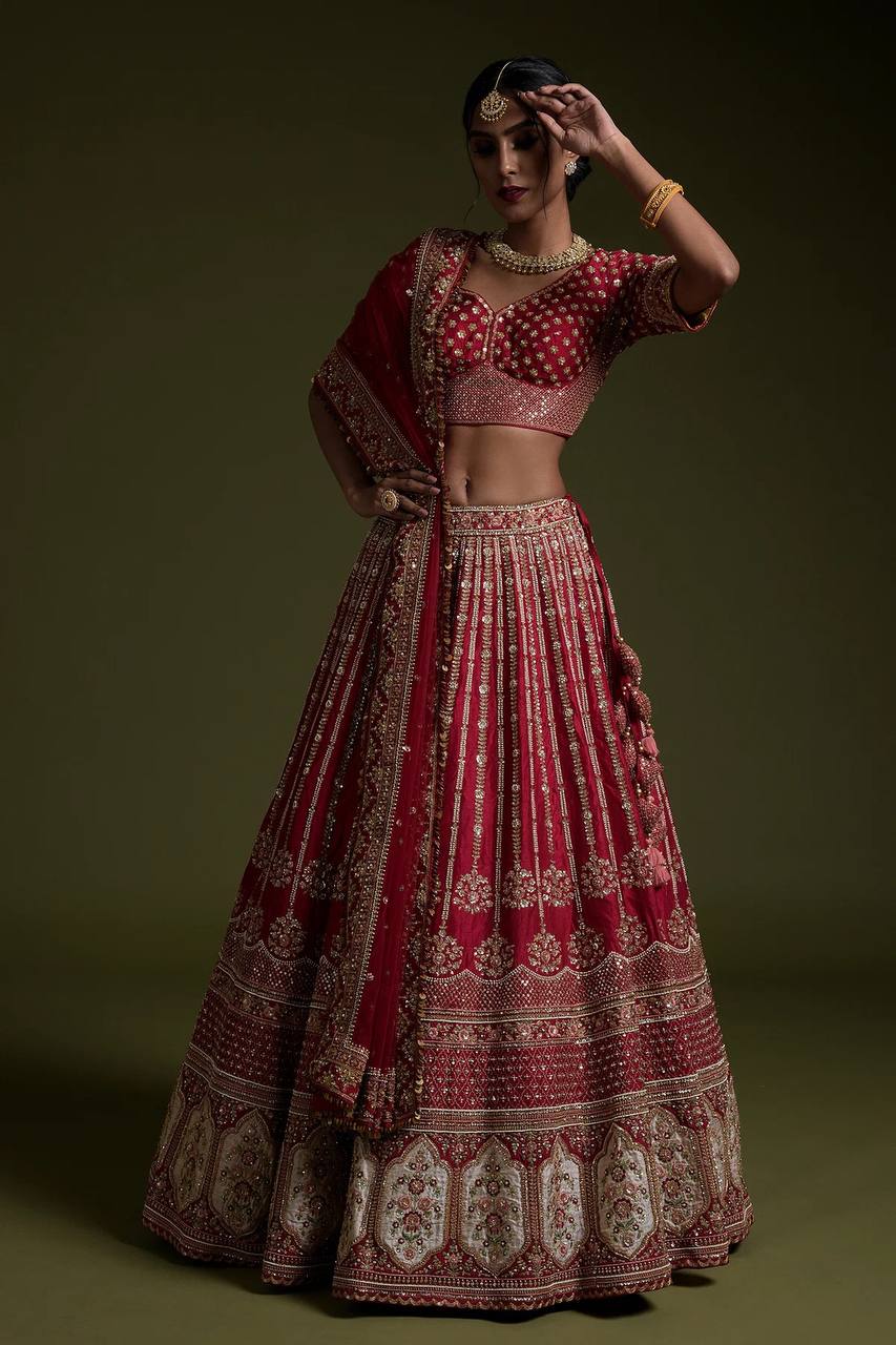 Red Elegant Rangoon Silk Lehenga Set with Sequins and Dori Work