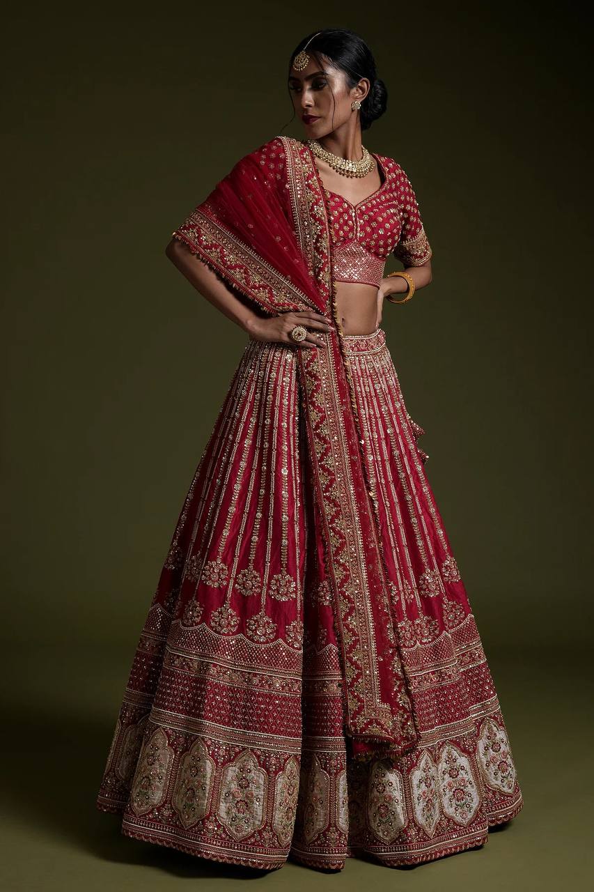 Red Elegant Rangoon Silk Lehenga Set with Sequins and Dori Work