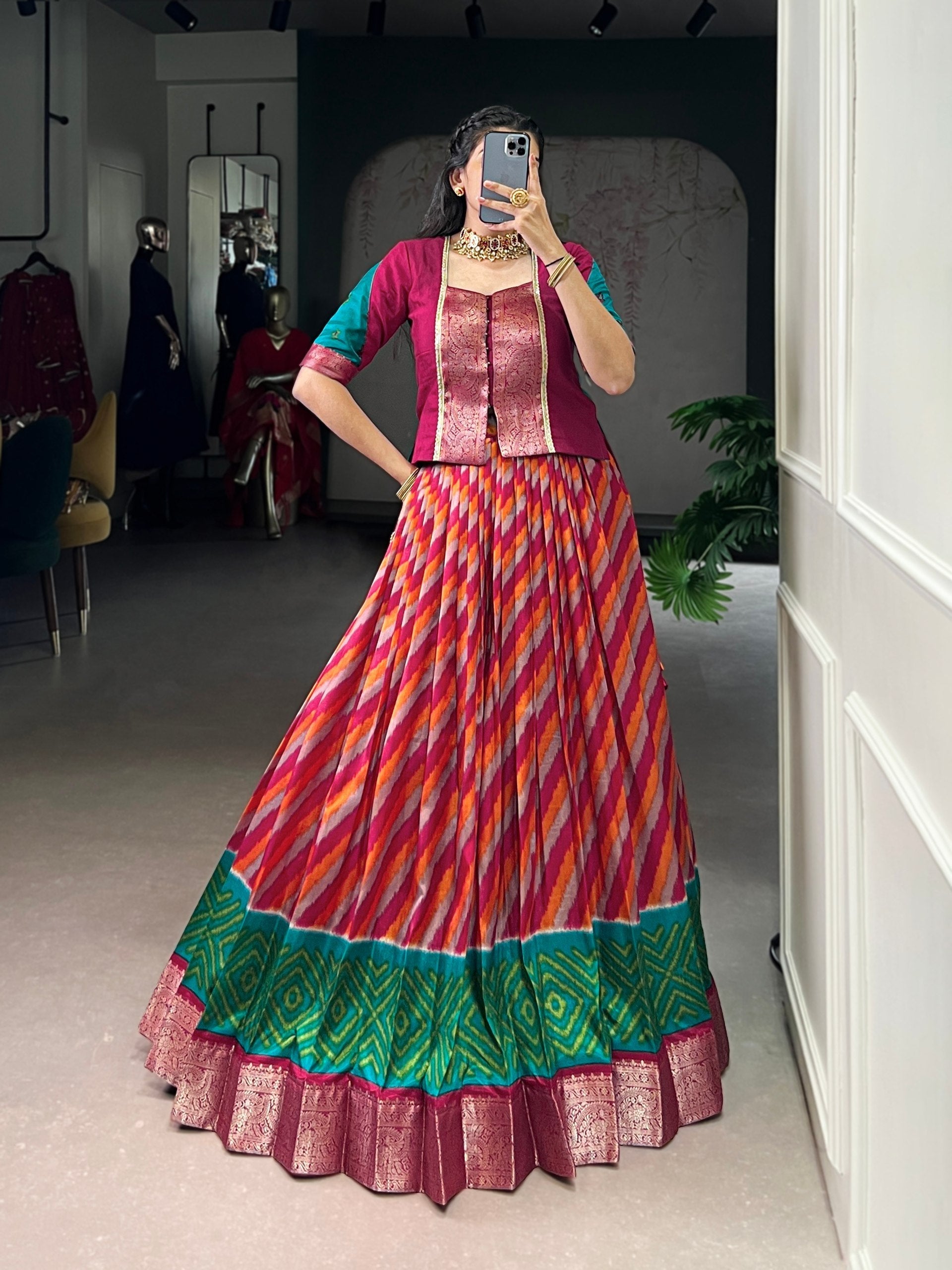 Red Elegant Tasar Silk Lehenga with Leheriya Print & Zari Work – Stitched Lehenga with Vichitra Silk Blouse