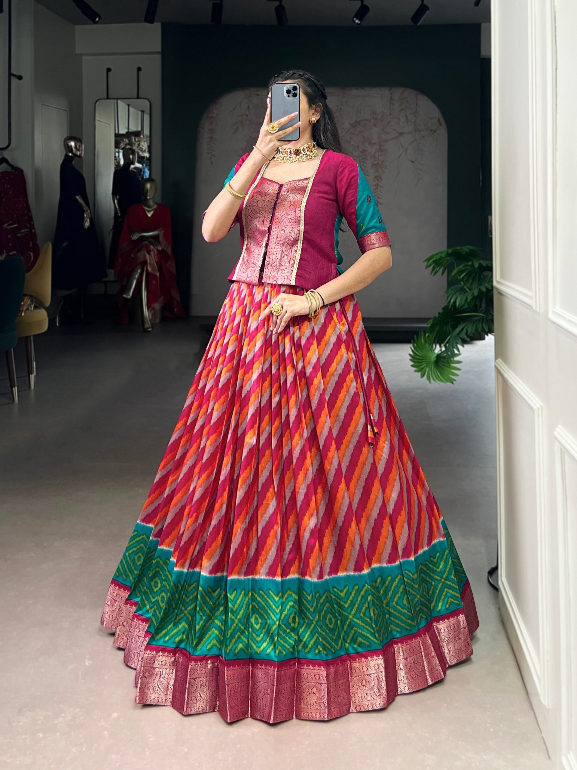 Red Elegant Tasar Silk Lehenga with Leheriya Print & Zari Work – Stitched Lehenga with Vichitra Silk Blouse
