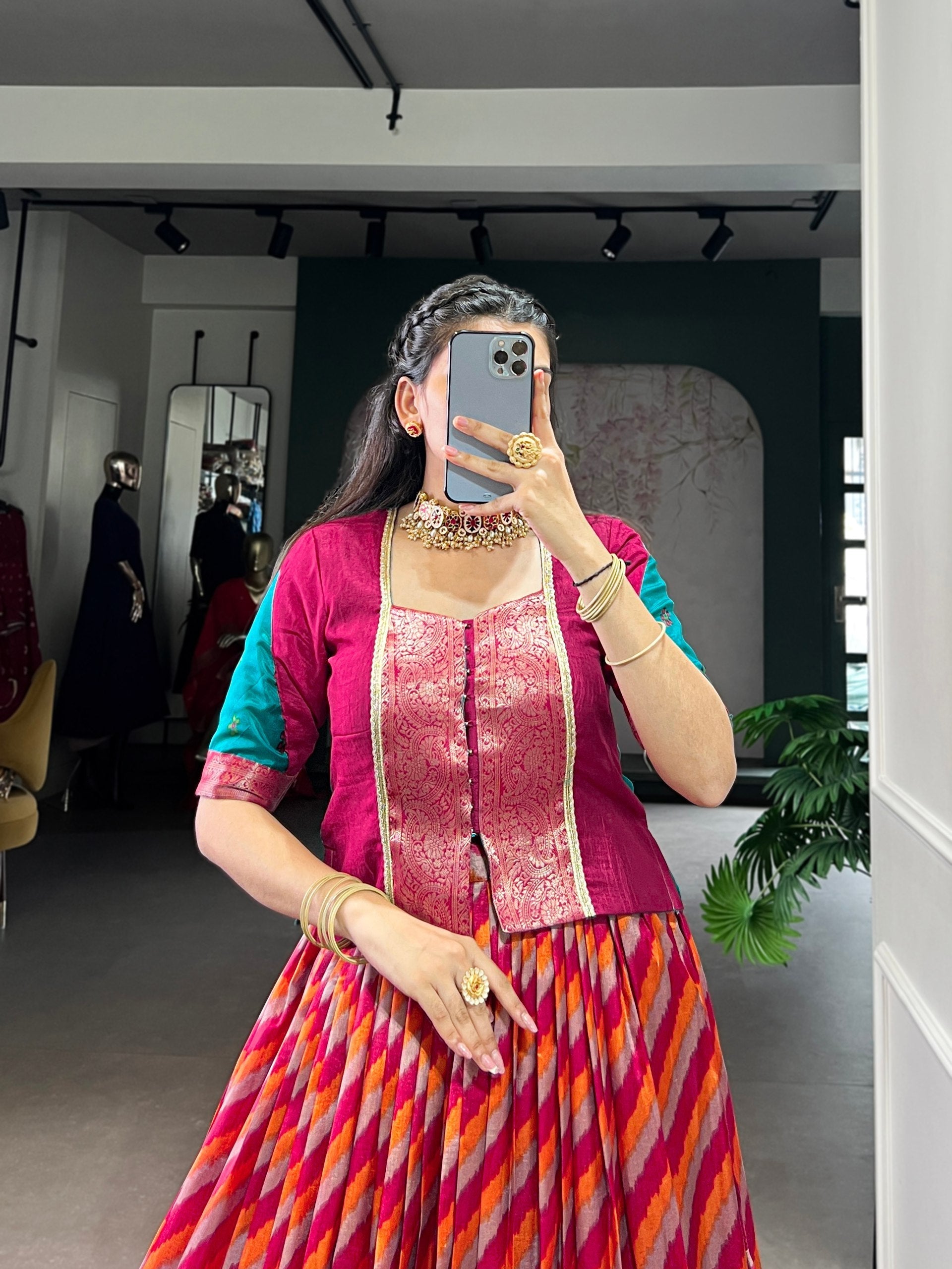 Red Elegant Tasar Silk Lehenga with Leheriya Print & Zari Work – Stitched Lehenga with Vichitra Silk Blouse
