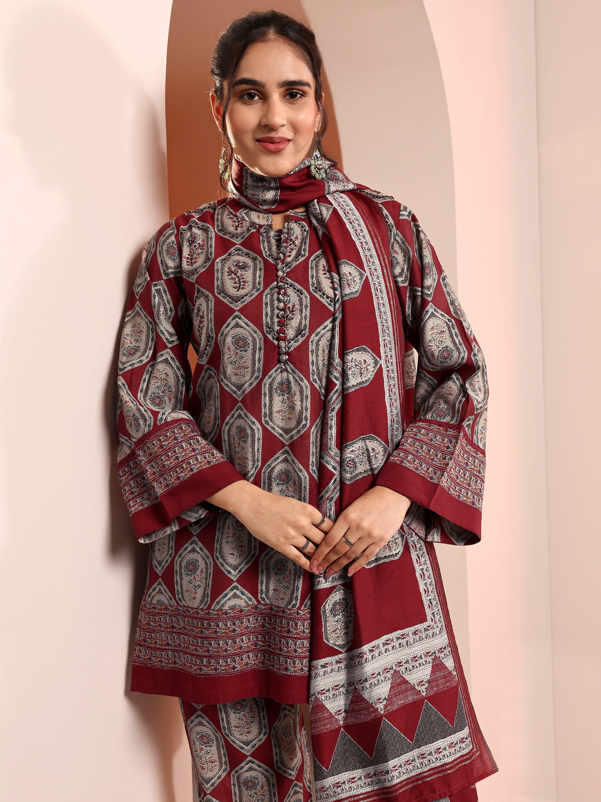 Anouk Red Embellished Silk Blend Straight Suit Set With Dupatta