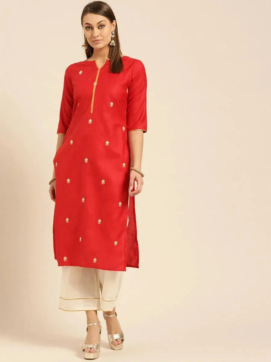 Anouk Red Embroidered Cotton Straight Kurta With Palazzos