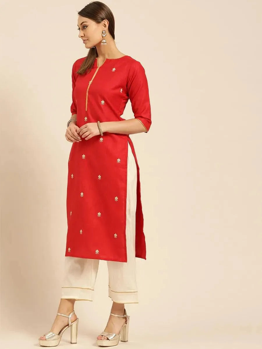 Anouk Red Embroidered Cotton Straight Kurta With Palazzos