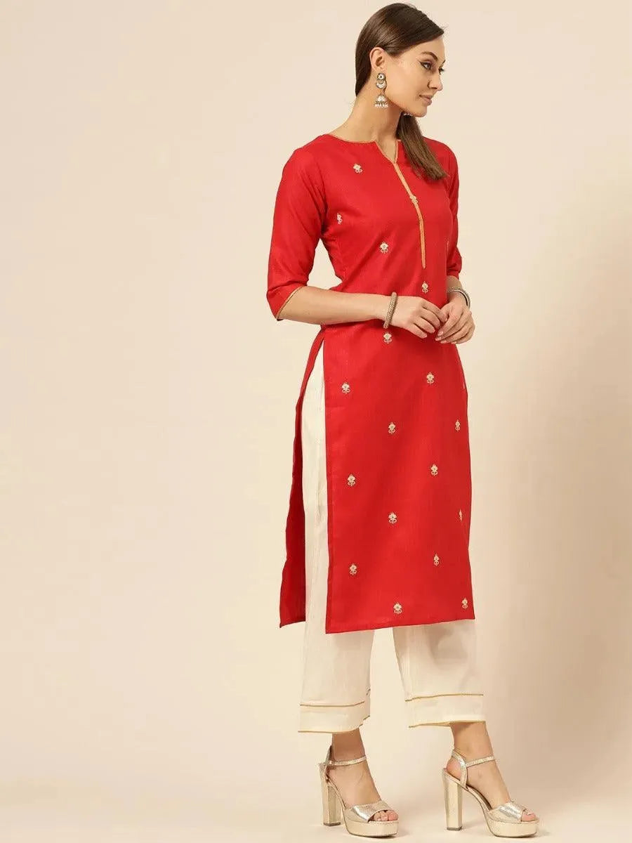 Anouk Red Embroidered Cotton Straight Kurta With Palazzos
