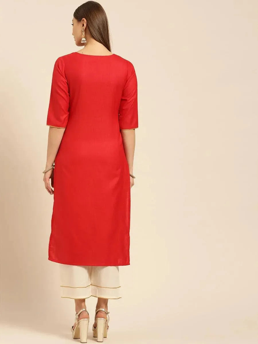 Anouk Red Embroidered Cotton Straight Kurta With Palazzos