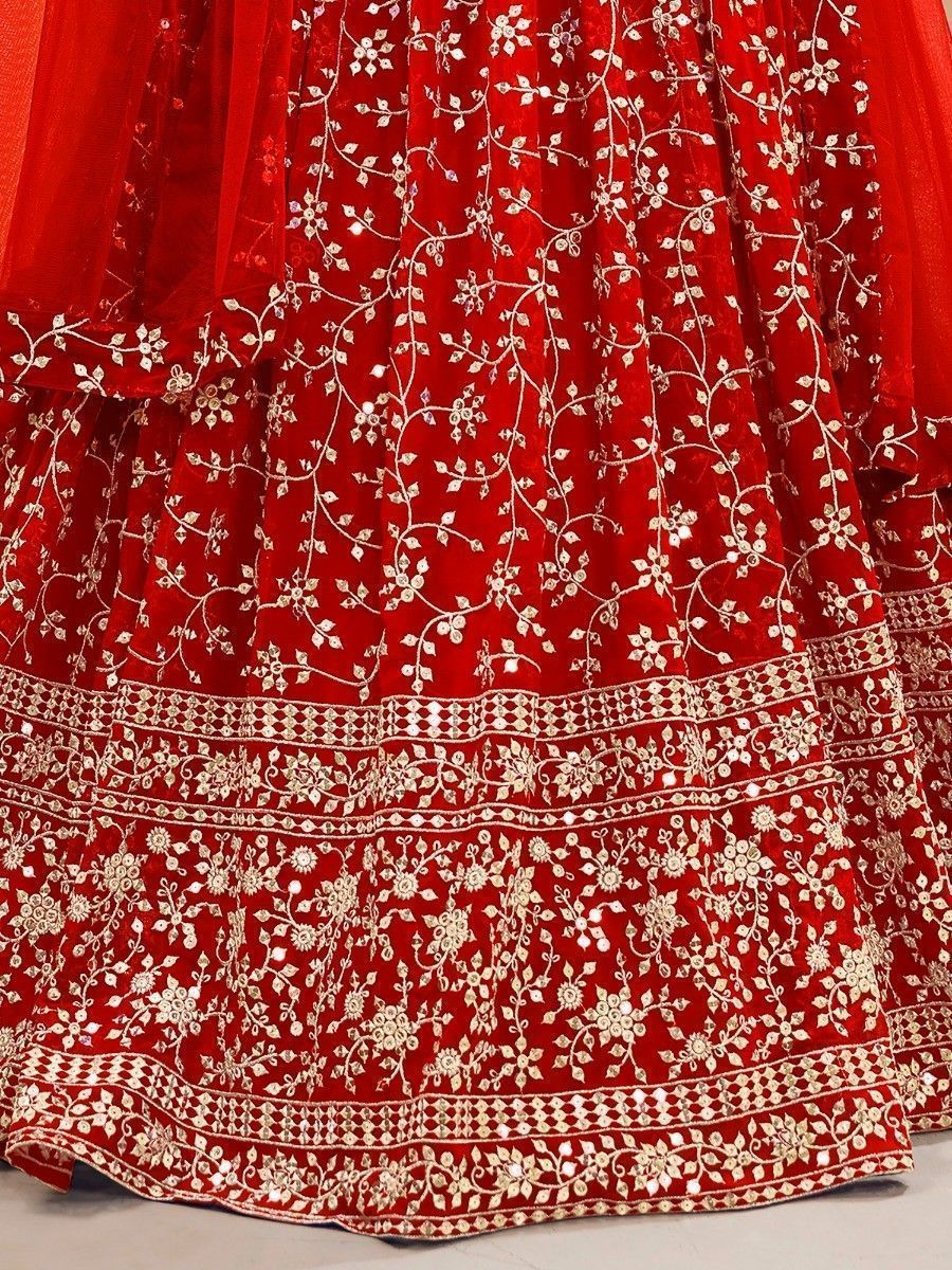 Red Embroidered Georgette Wedding Wear Lehenga Choli