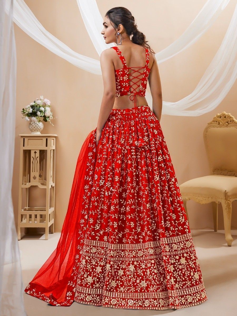 Red Embroidered Georgette Wedding Wear Lehenga Choli