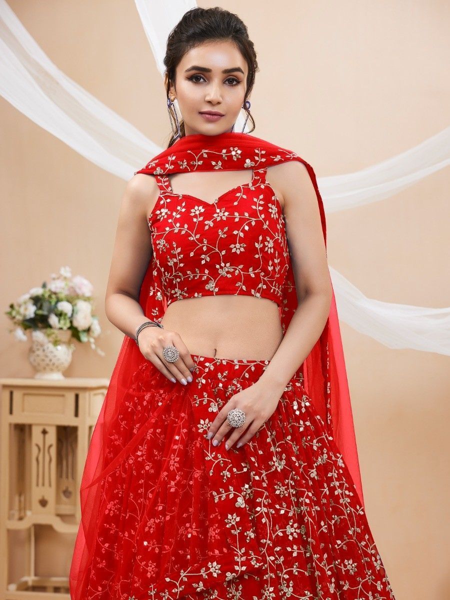 Red Embroidered Georgette Wedding Wear Lehenga Choli