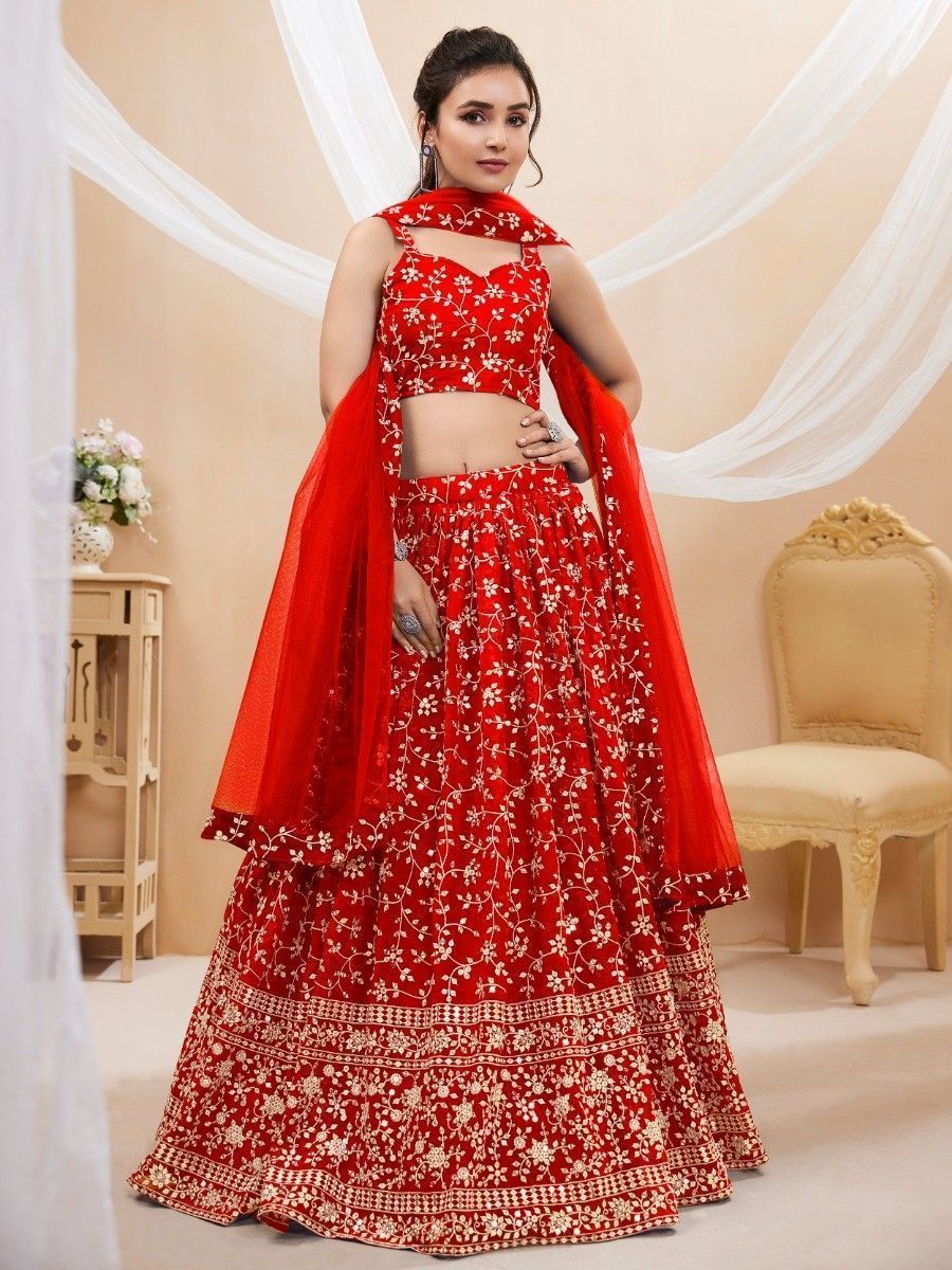Red Embroidered Georgette Wedding Wear Lehenga Choli