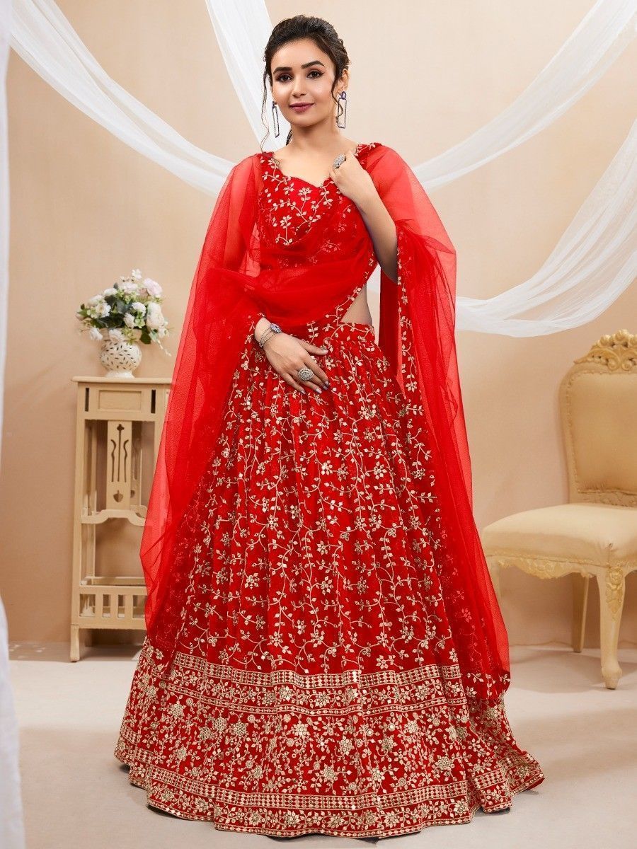 Red Embroidered Georgette Wedding Wear Lehenga Choli