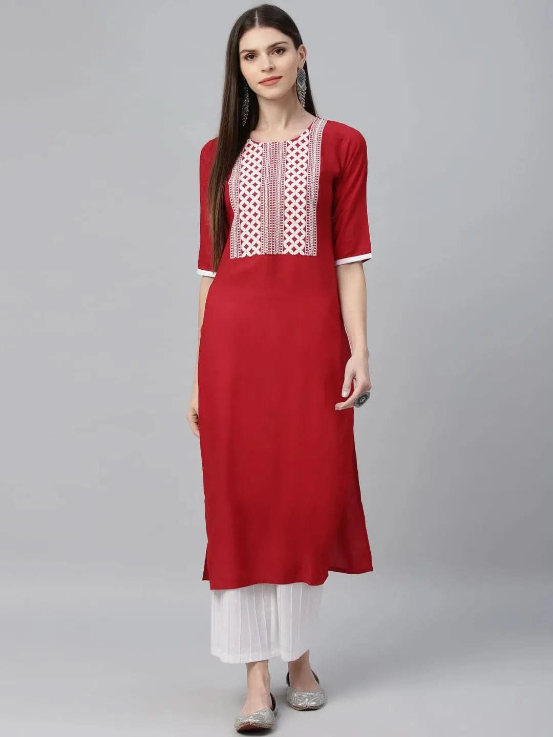 Anouk Red Embroidered Rayon Kurta