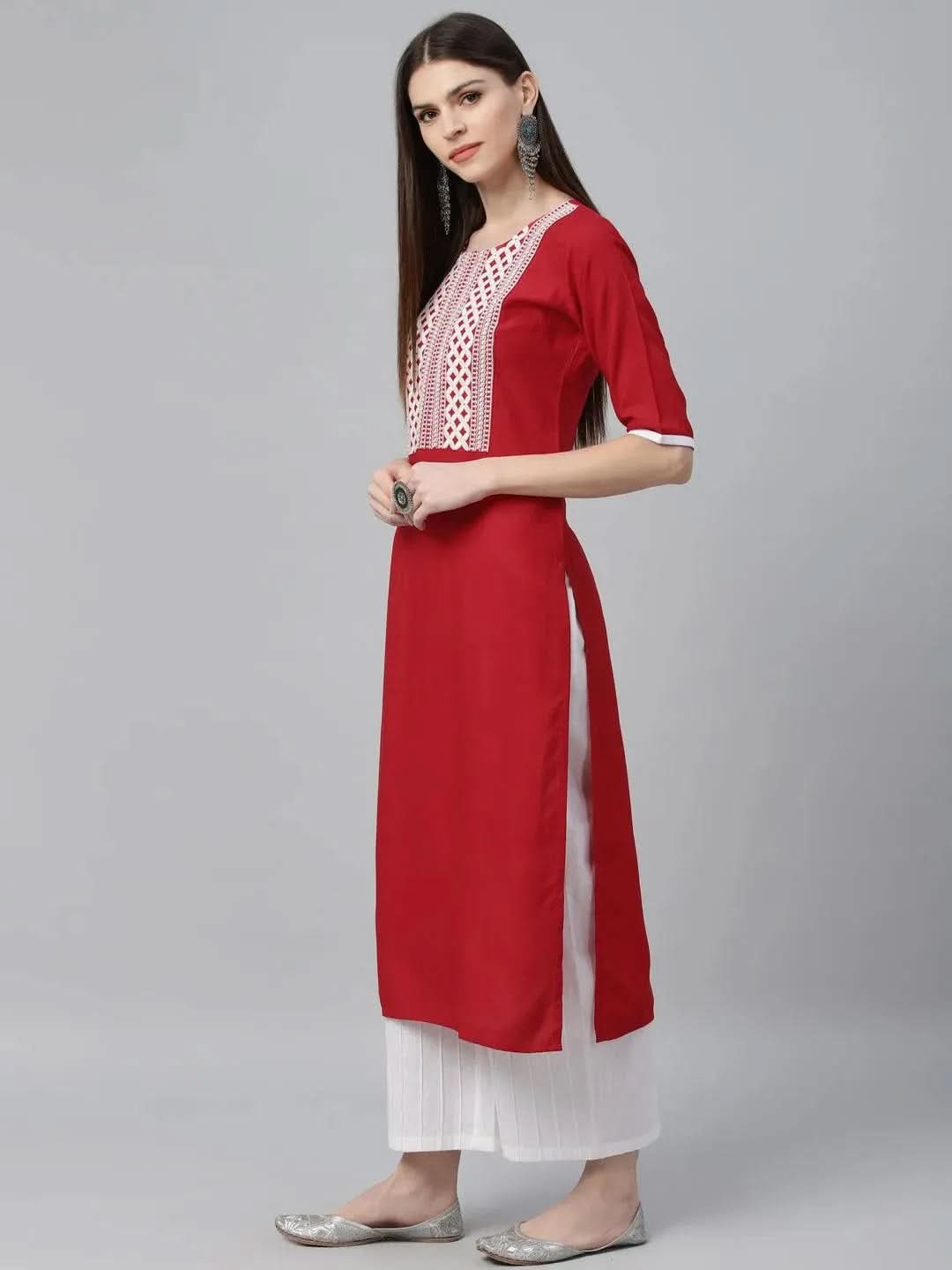 Anouk Red Embroidered Rayon Kurta
