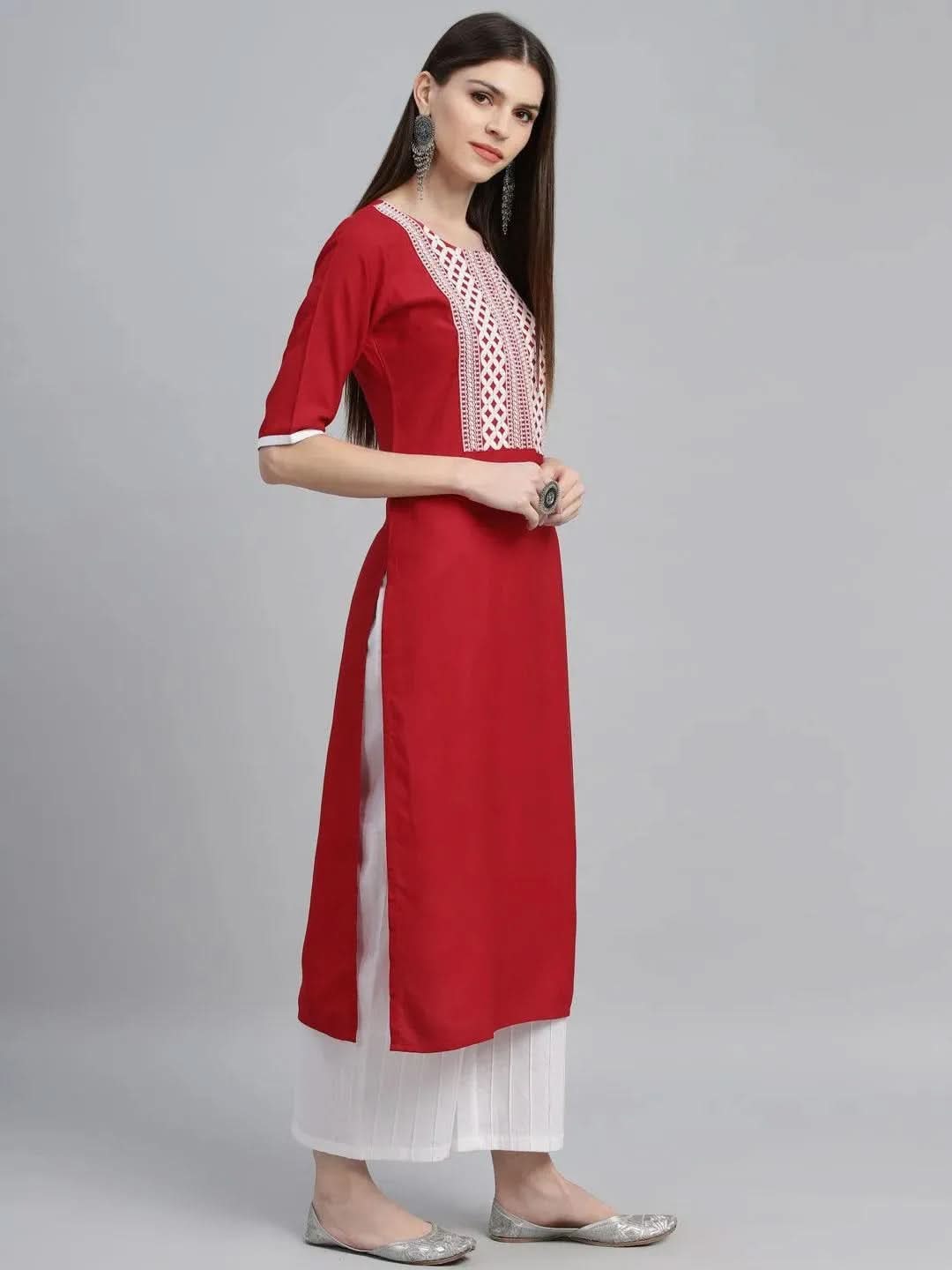Anouk Red Embroidered Rayon Kurta