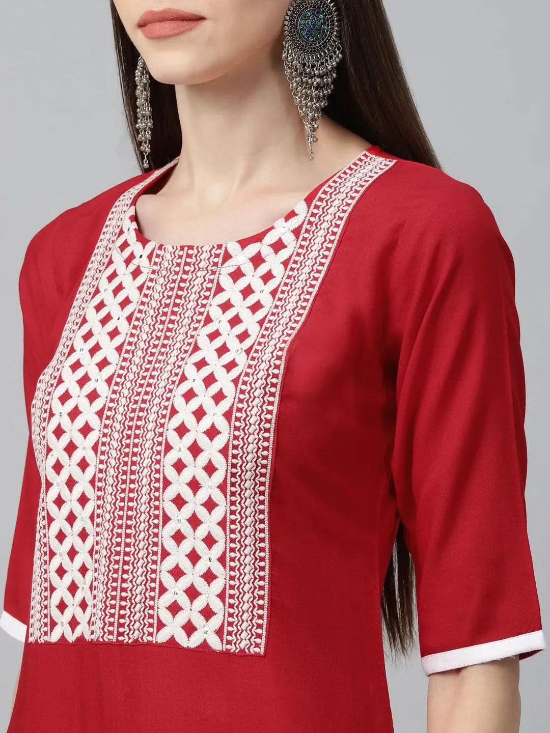 Anouk Red Embroidered Rayon Kurta