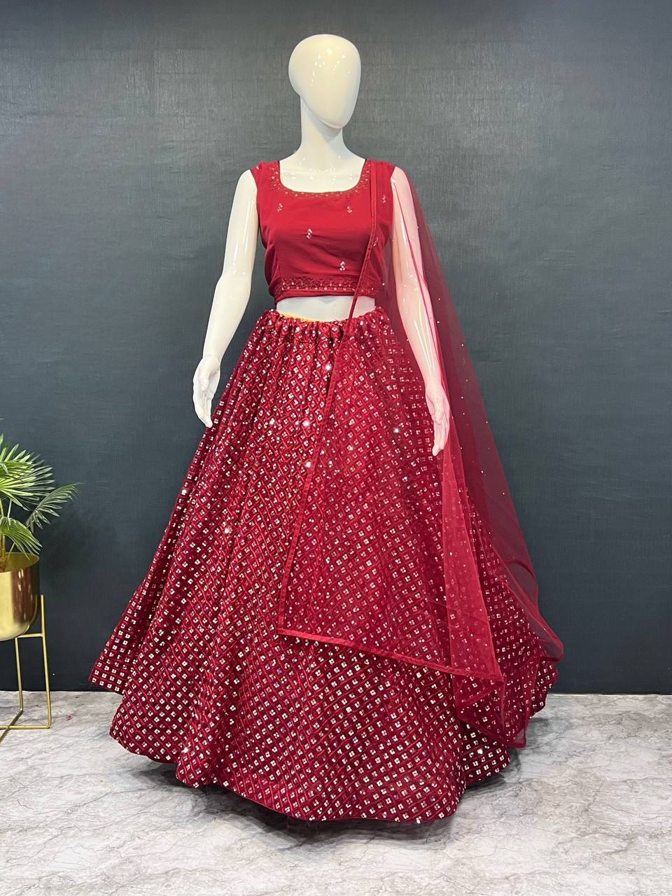 Red Exquisite Heavy Georgette Embroidered Lehenga Set with Sequins & Net Dupatta