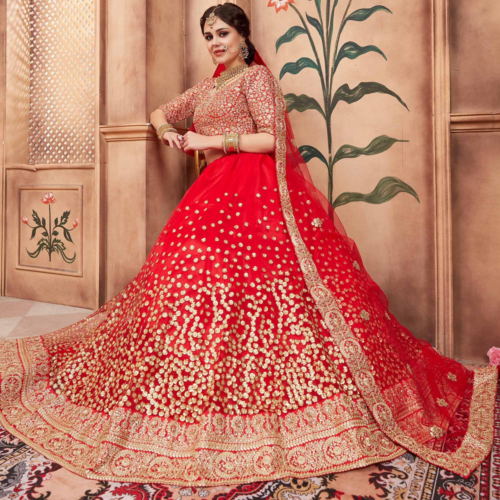Red Festive Wear Sequins Dori Work Soft Net Lehenga Choli