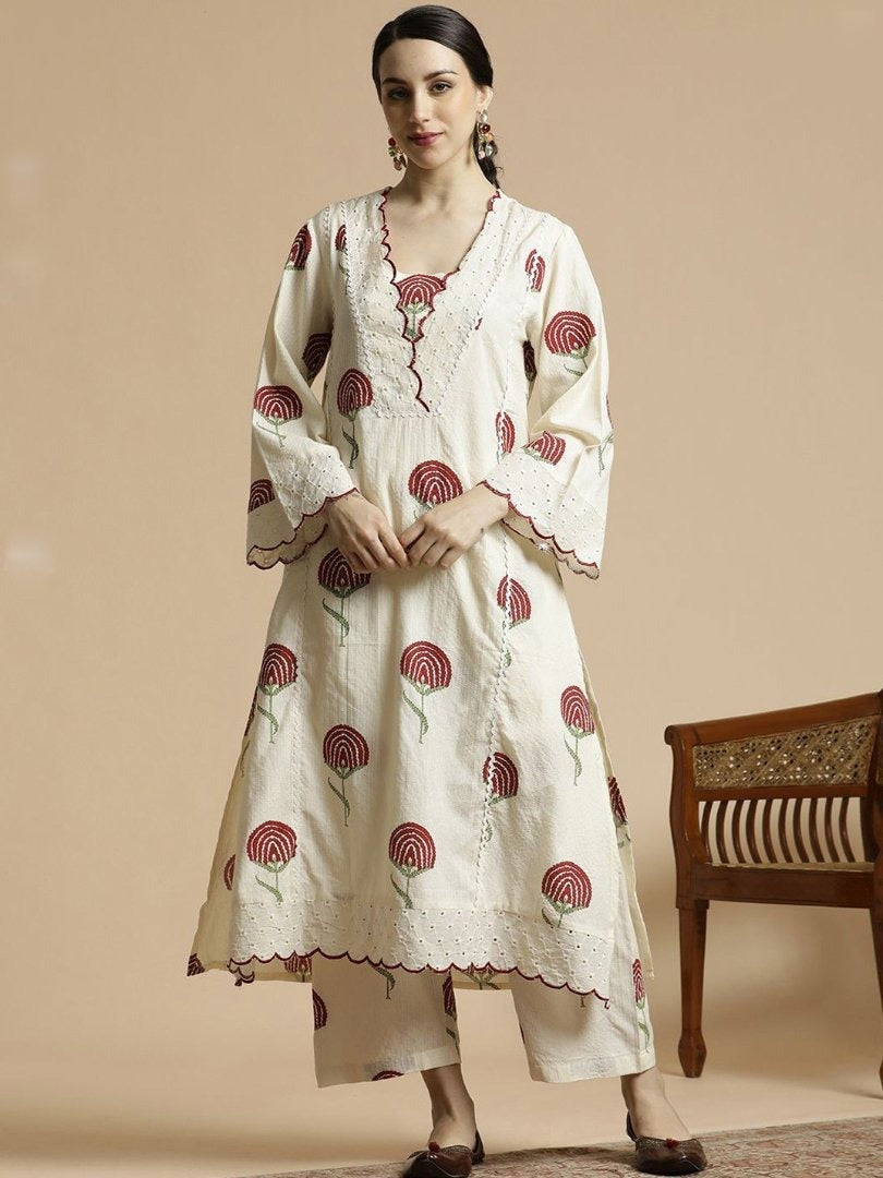 Red Floral Cotton Kurta Palazzo/Dress Set