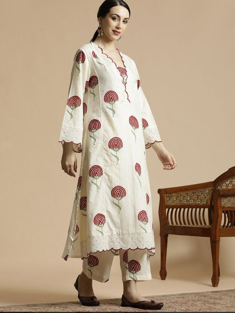 Red Floral Cotton Kurta Palazzo/Dress Set
