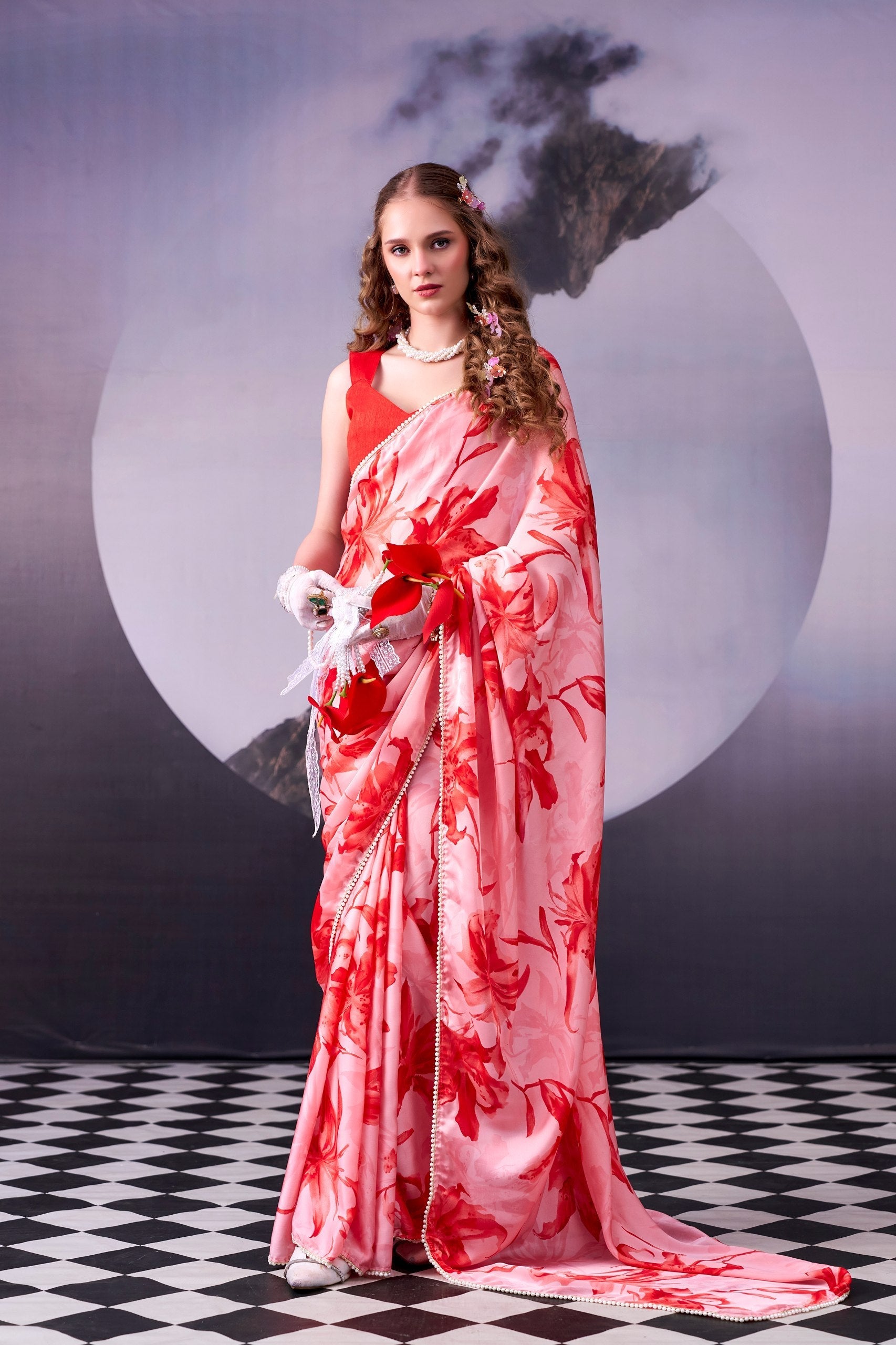 Red Floral Saree with Pearl Border