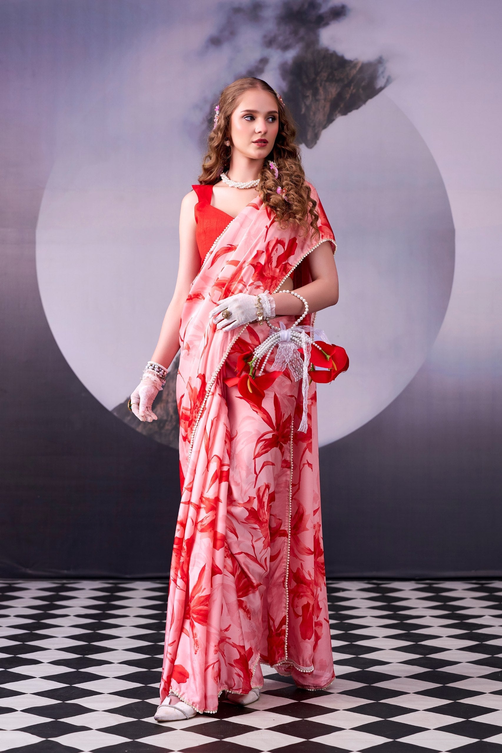 Red Floral Saree with Pearl Border