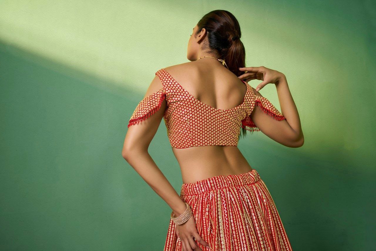 Red Georgette Embroidered Lehenga Set with Heavy Sequins & Cording Work