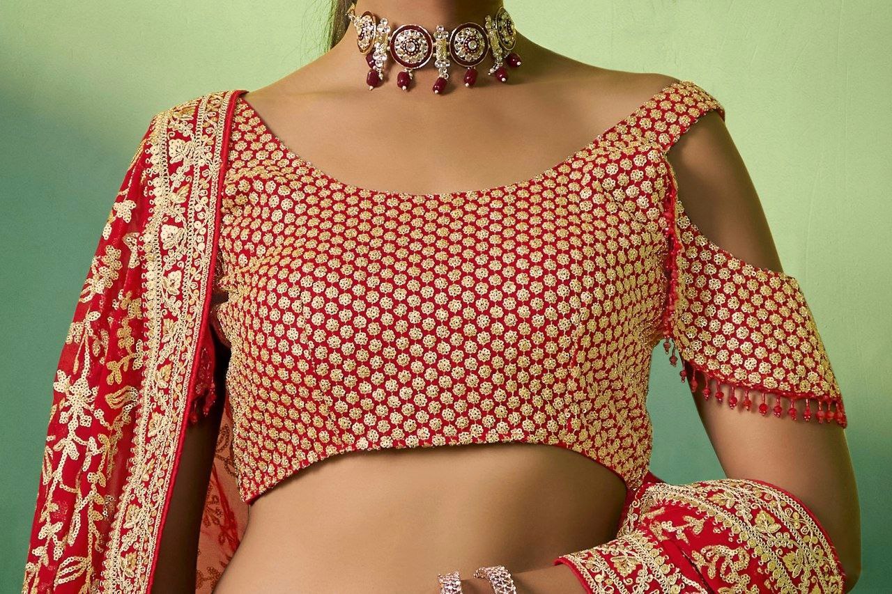 Red Georgette Embroidered Lehenga Set with Heavy Sequins & Cording Work