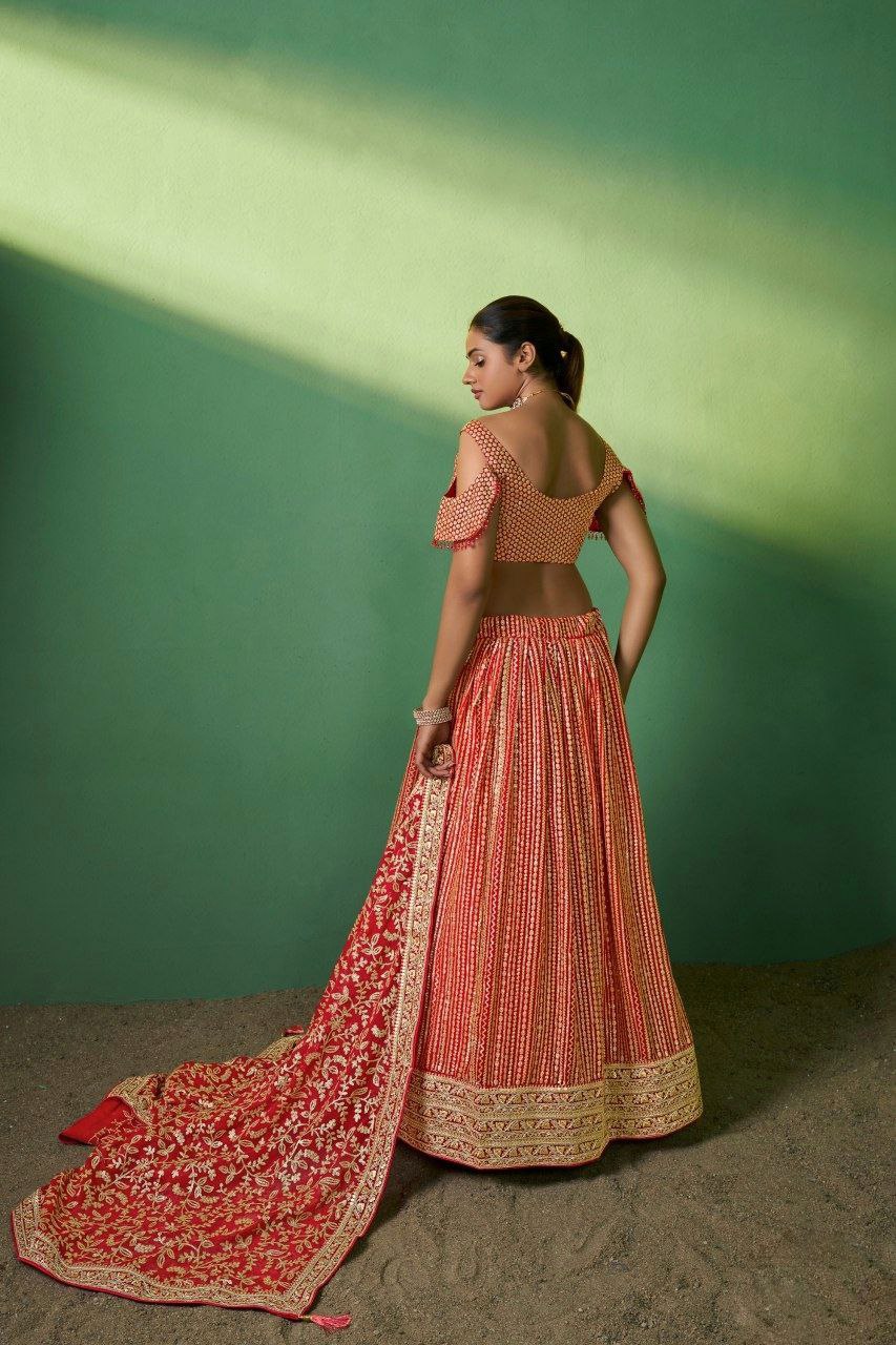Red Georgette Embroidered Lehenga Set with Heavy Sequins & Cording Work
