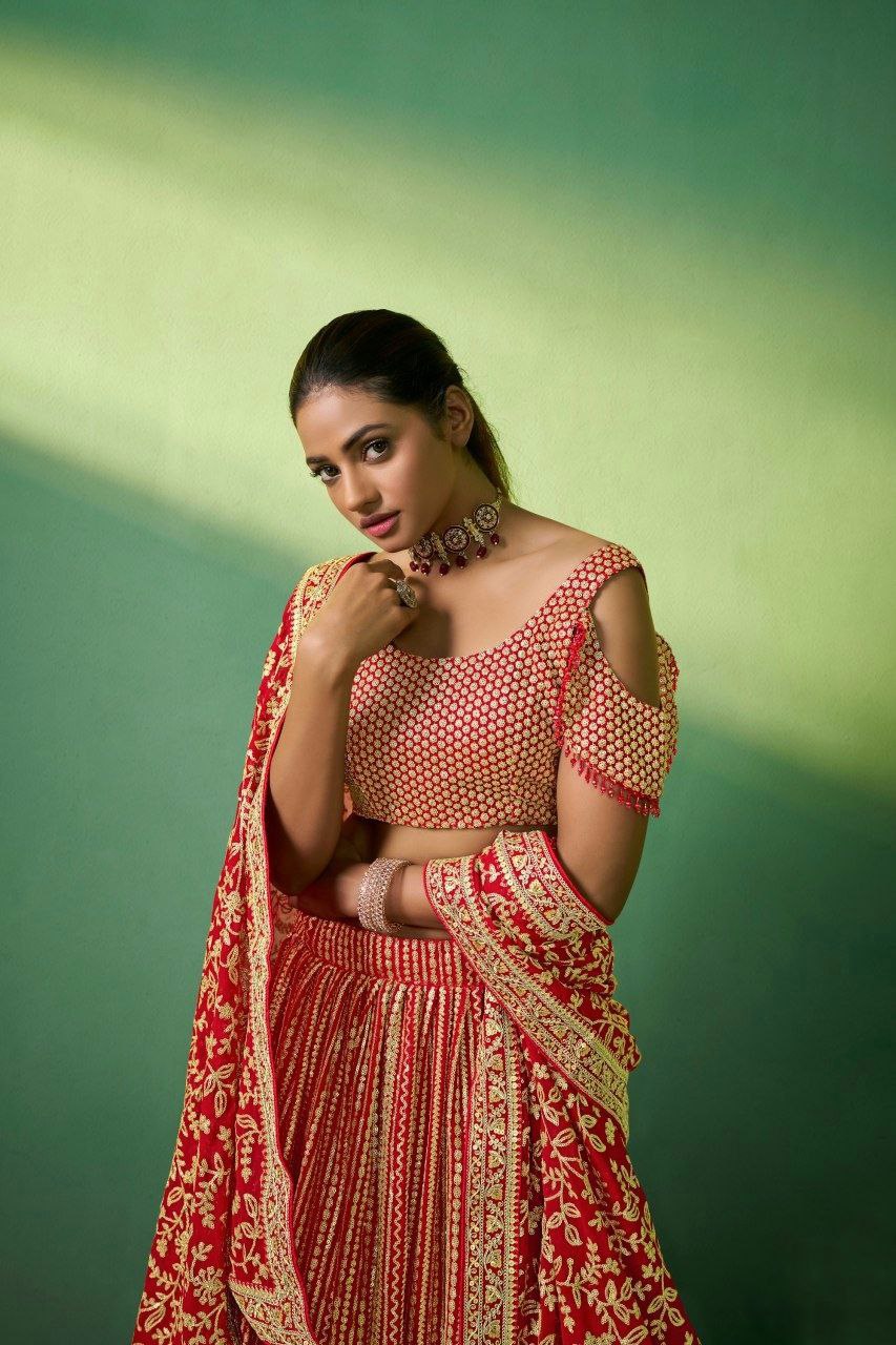 Red Georgette Embroidered Lehenga Set with Heavy Sequins & Cording Work