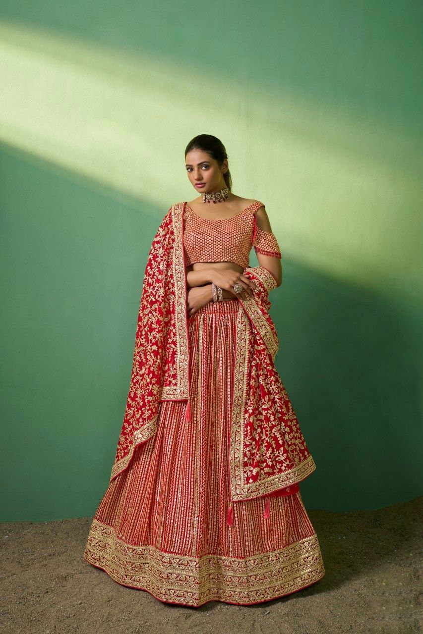 Red Georgette Embroidered Lehenga Set with Heavy Sequins & Cording Work