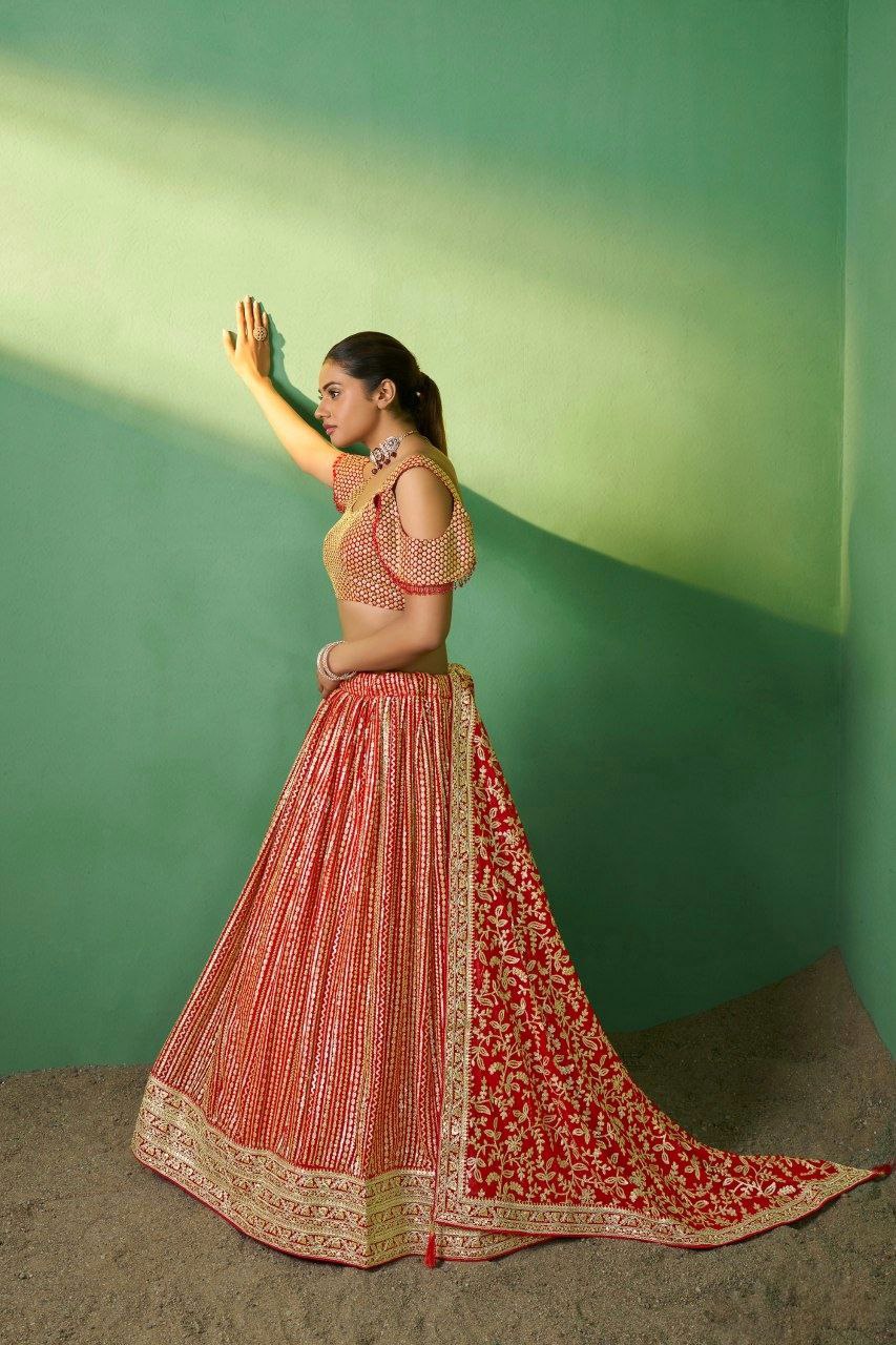 Red Georgette Embroidered Lehenga Set with Heavy Sequins & Cording Work