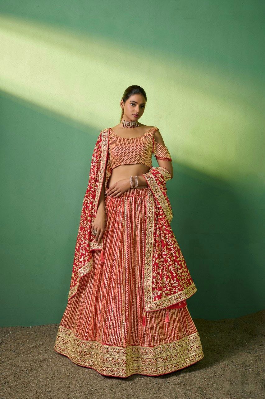 Red Georgette Embroidered Lehenga Set with Heavy Sequins & Cording Work