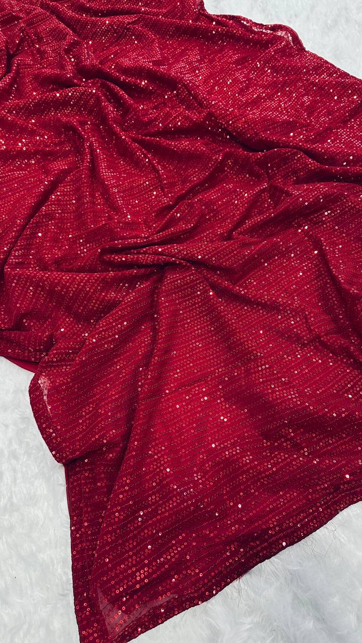 Red Heart-Capturing Georgette Saree with Sequins Work