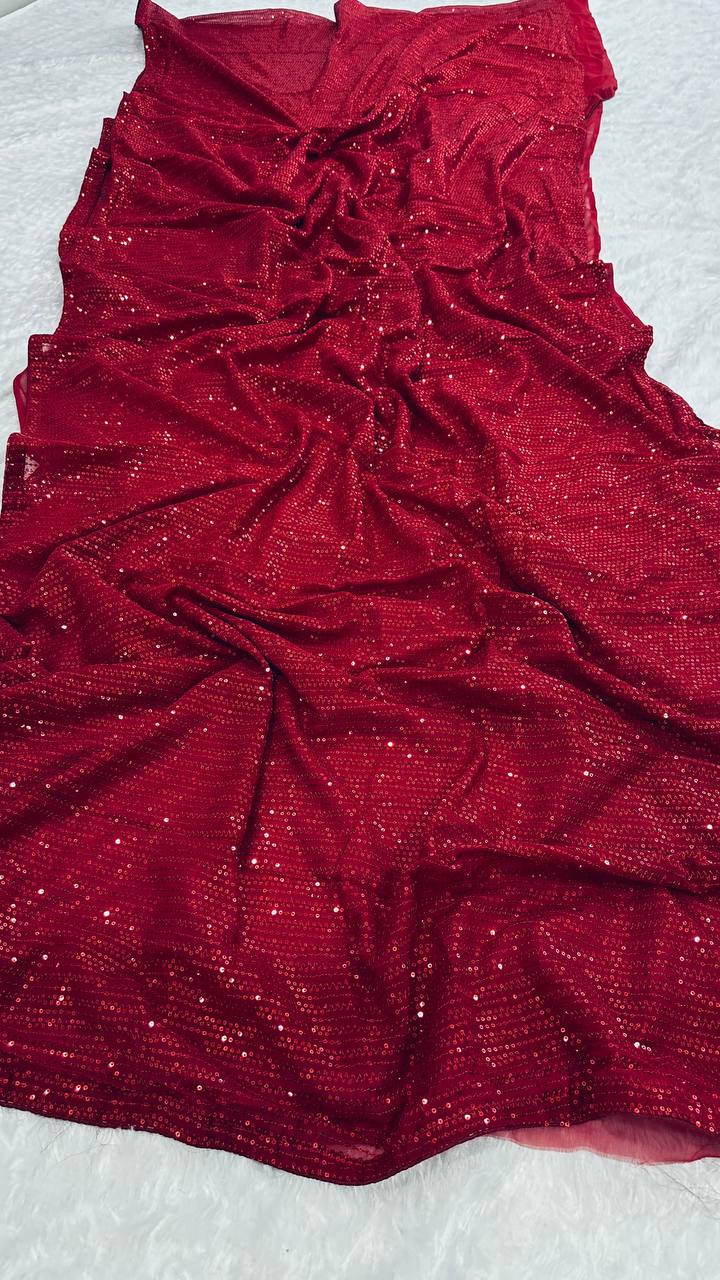 Red Heart-Capturing Georgette Saree with Sequins Work