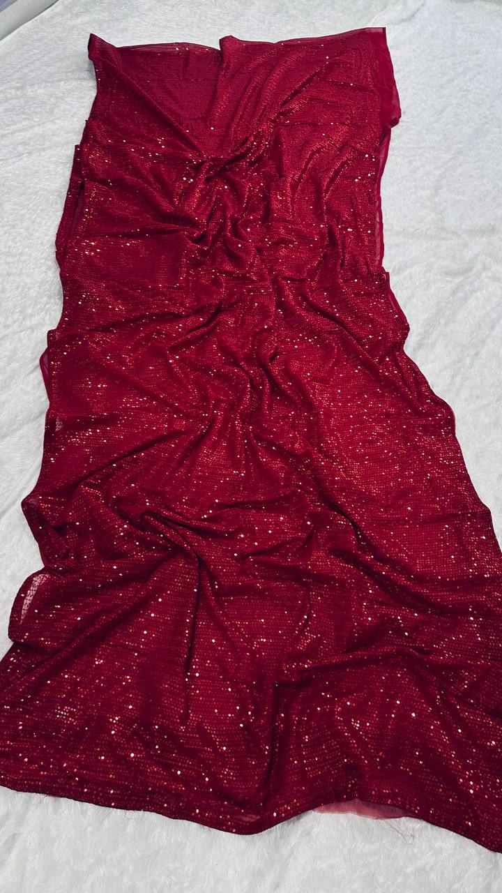 Red Heart-Capturing Georgette Saree with Sequins Work