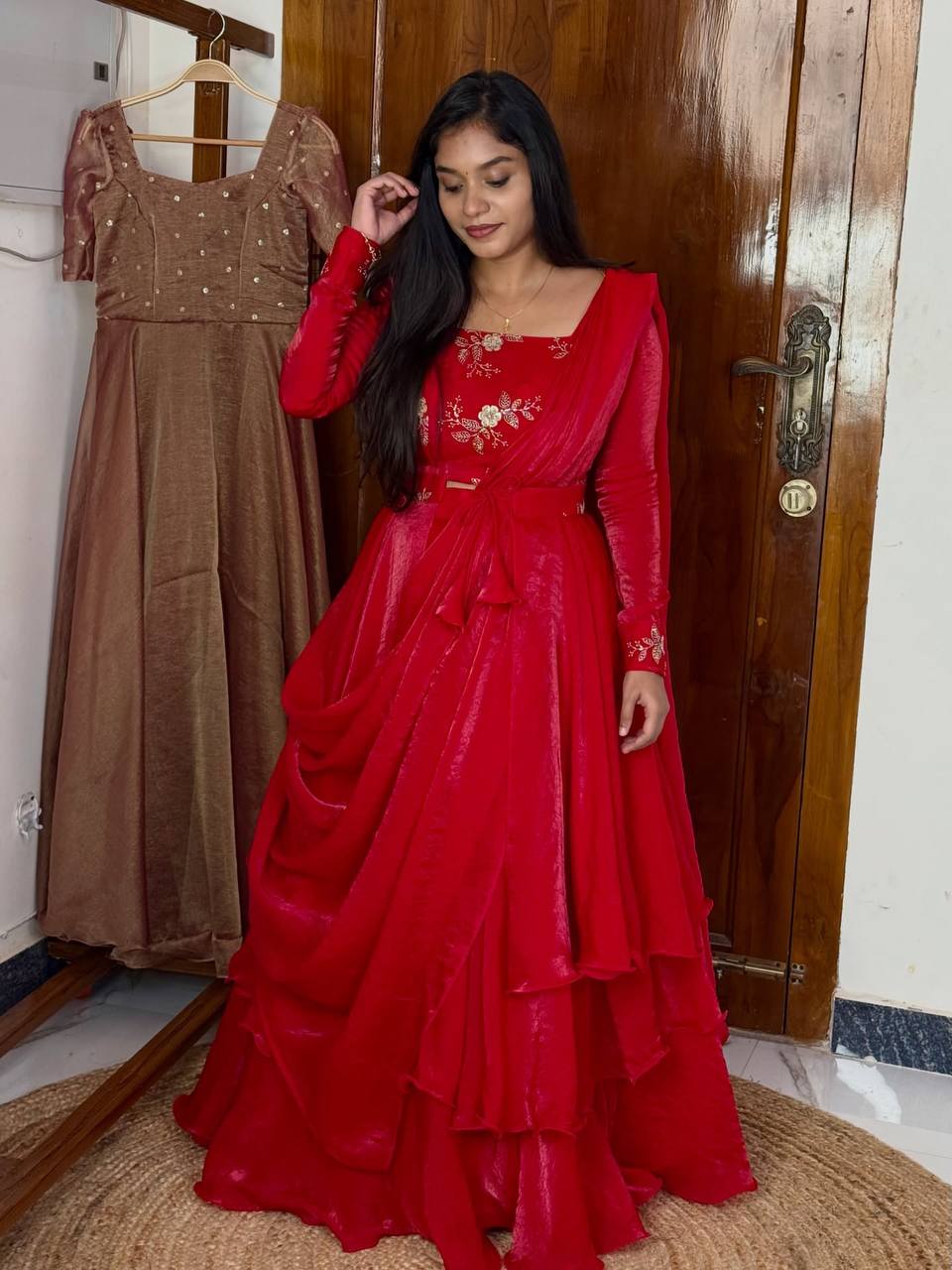 Red Heavy Fandy Satin Embroidered Lehenga Choli Set
