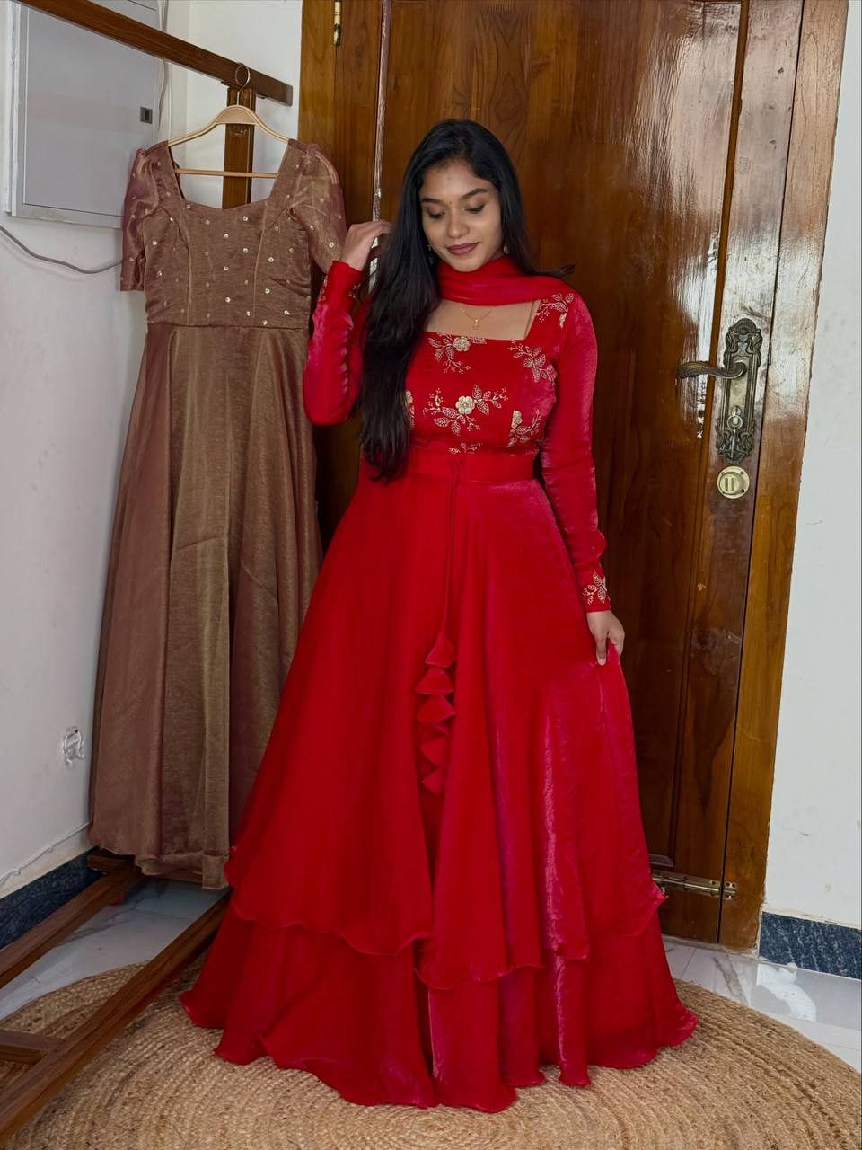 Red Heavy Fandy Satin Embroidered Lehenga Choli Set