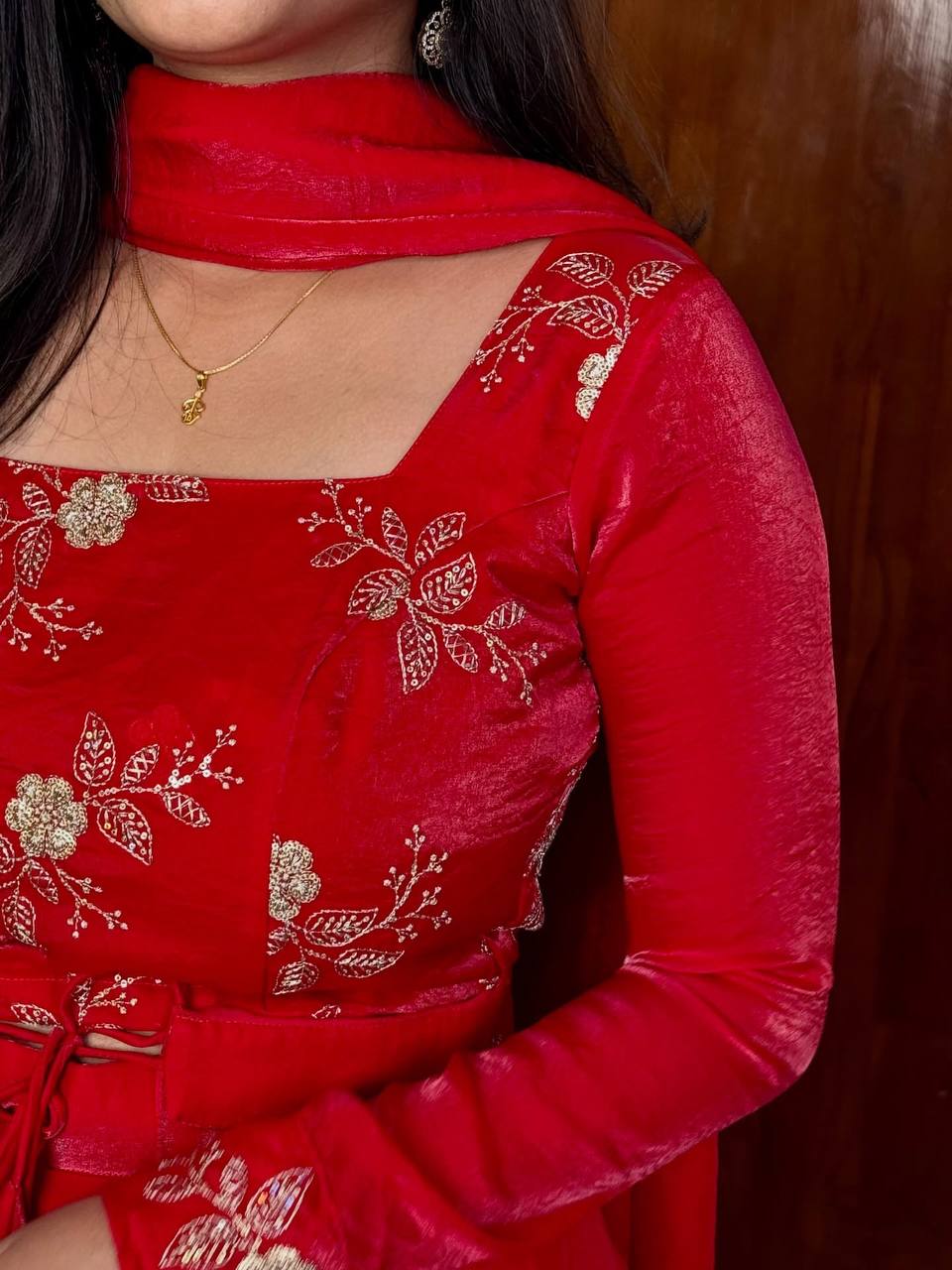 Red Heavy Fandy Satin Embroidered Lehenga Choli Set