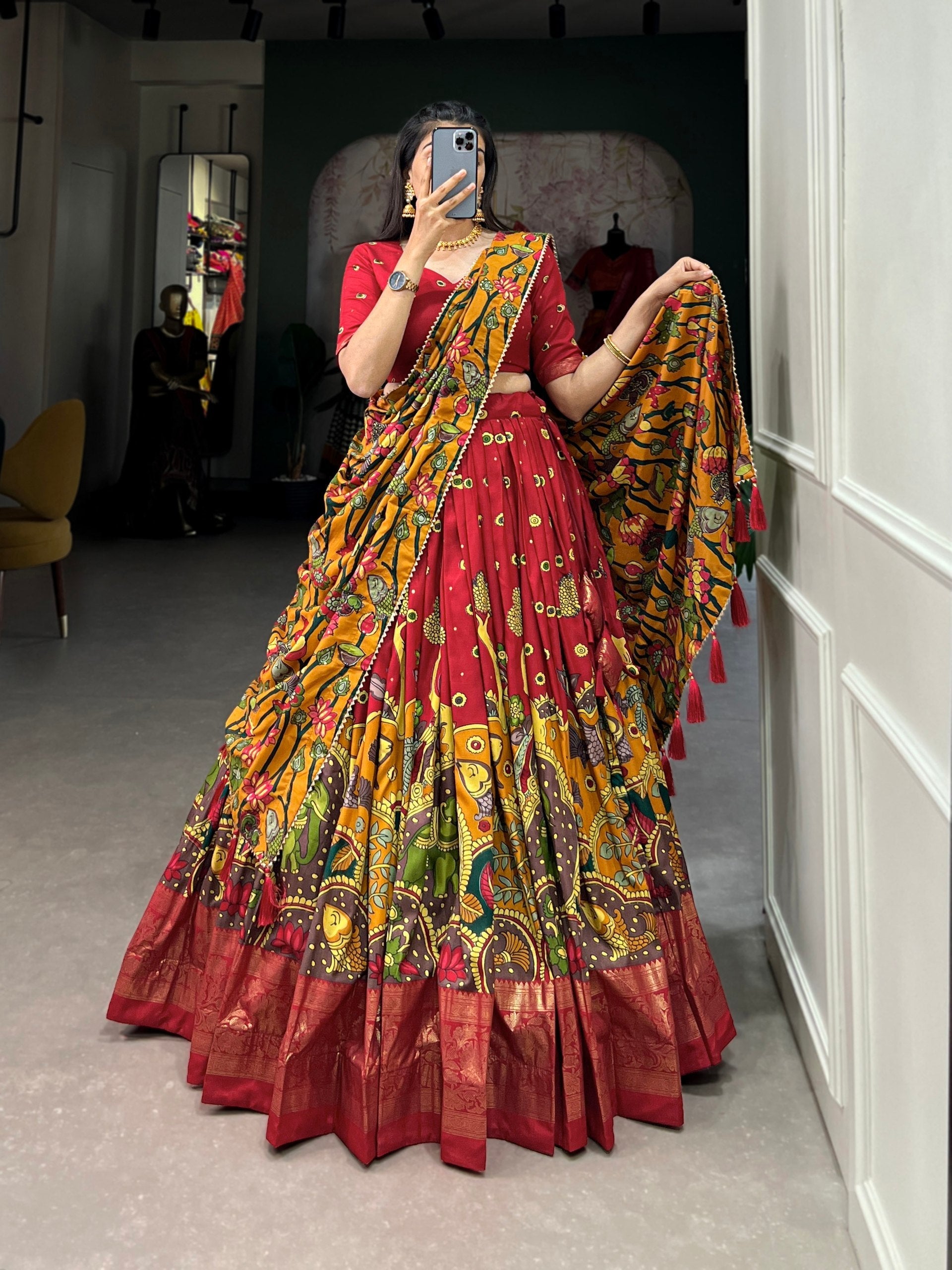 Red Kalamkari Print Silk Lehenga