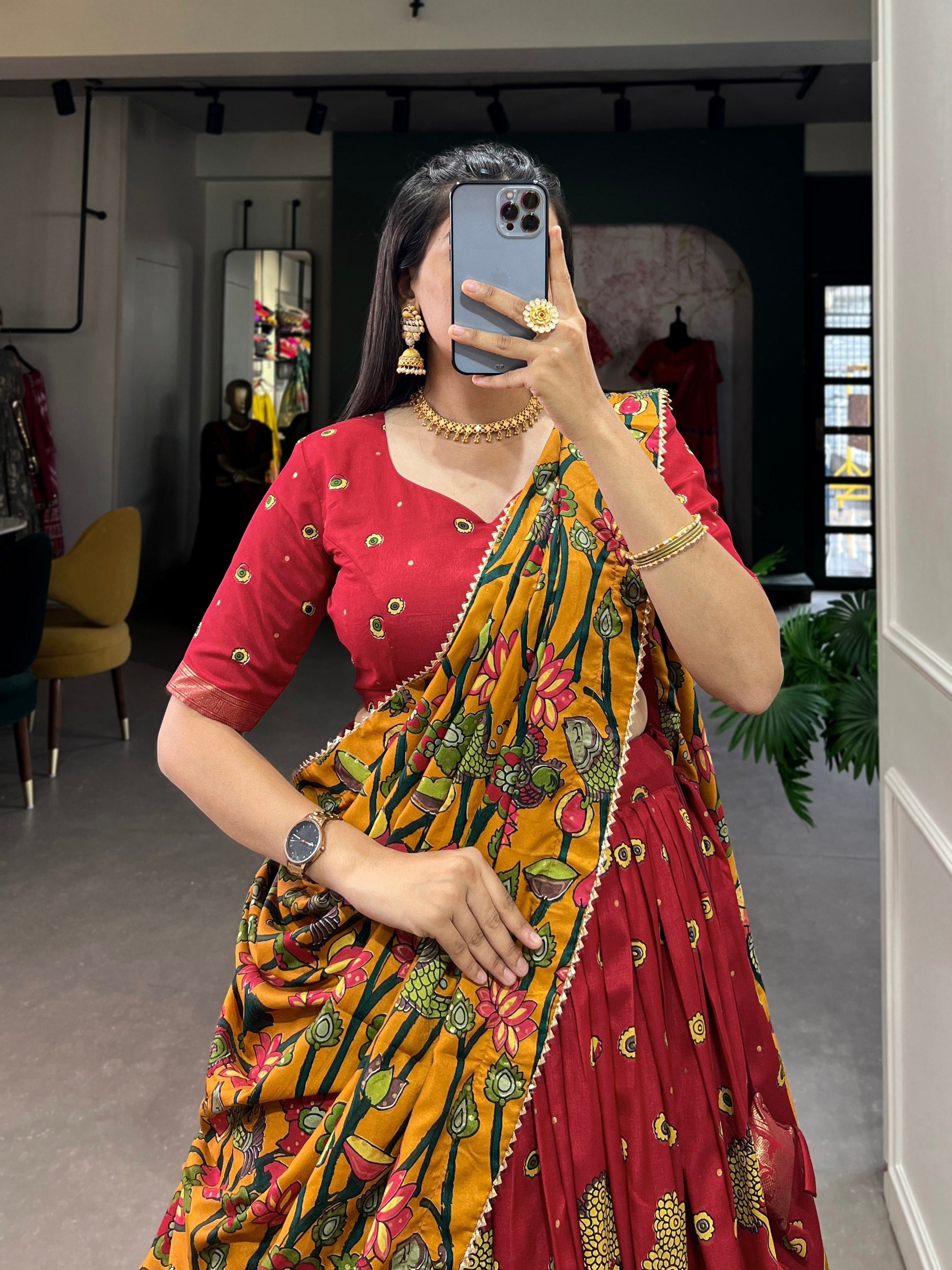 Red Kalamkari Print Silk Lehenga