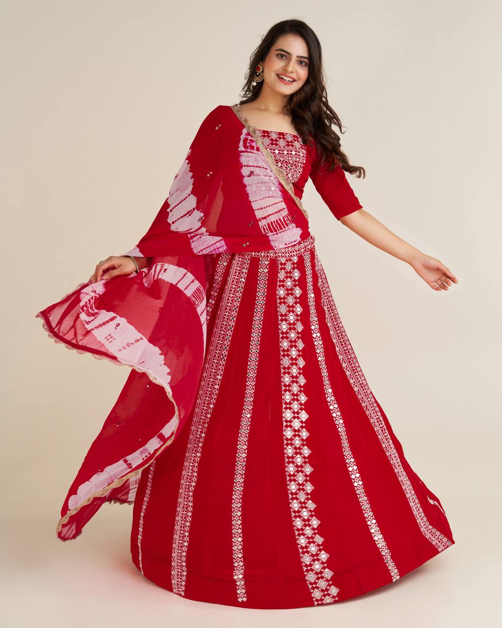 Red Exquisite Faux Georgette Lehenga Set