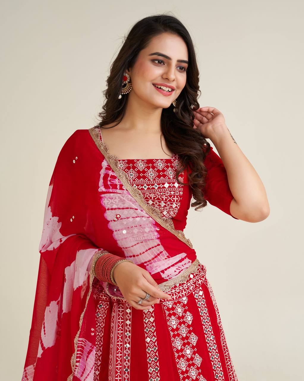 Red Exquisite Faux Georgette Lehenga Set