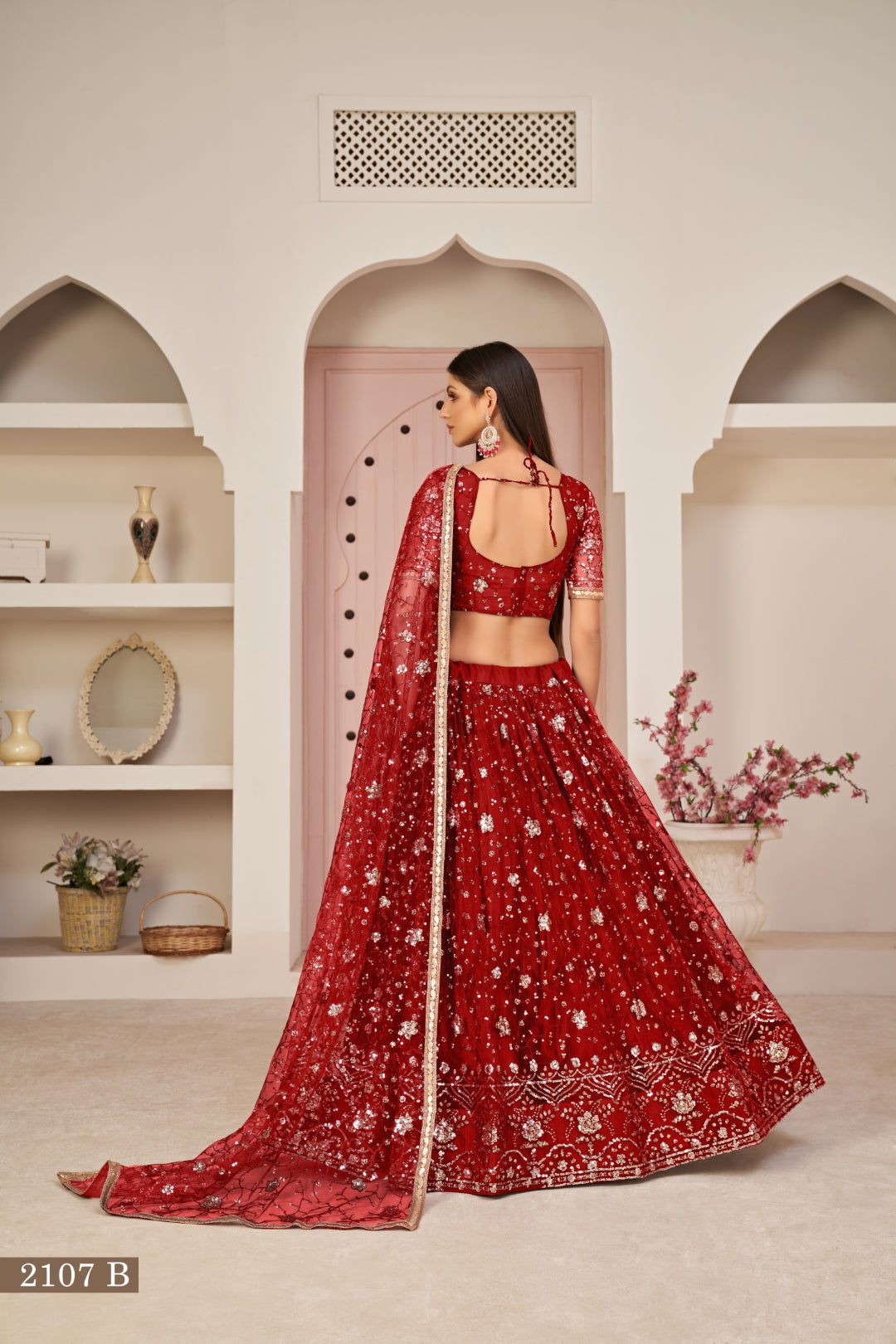 Red Luxurious Butterfly Net Lehenga with All-Over Embroidery