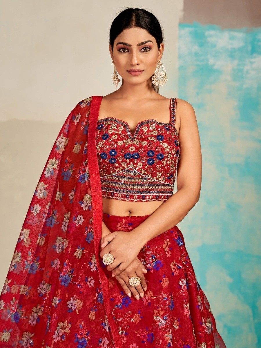 Red Organza Floral Lehenga Choli for Womens For Indian Festival & Weddings - Print Work, Mirror Work, Thread Embroidery Work