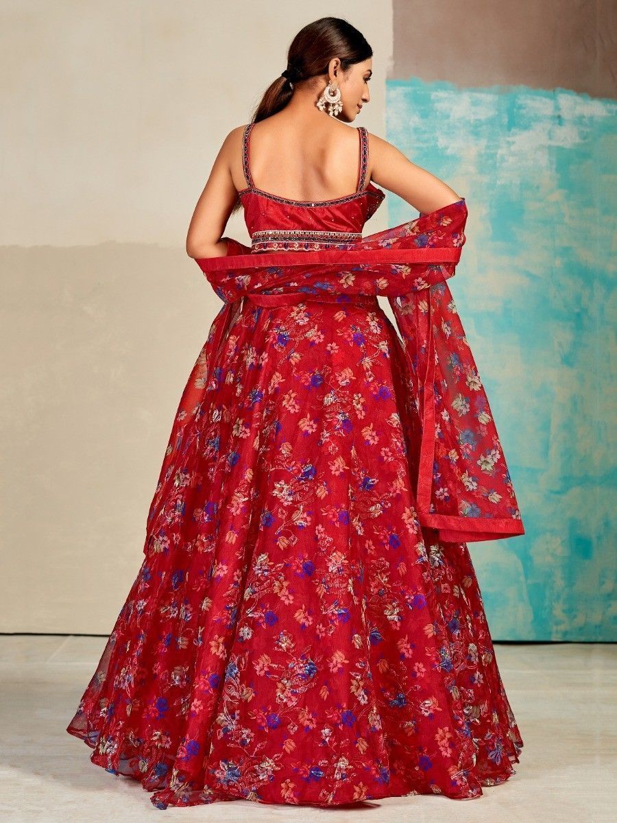 Red Organza Floral Lehenga Choli for Womens For Indian Festival & Weddings - Print Work, Mirror Work, Thread Embroidery Work