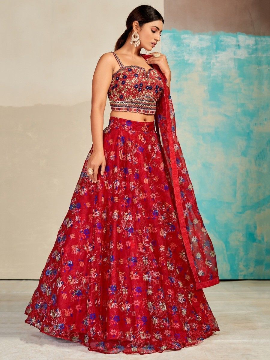 Red Organza Floral Lehenga Choli for Womens For Indian Festival & Weddings - Print Work, Mirror Work, Thread Embroidery Work