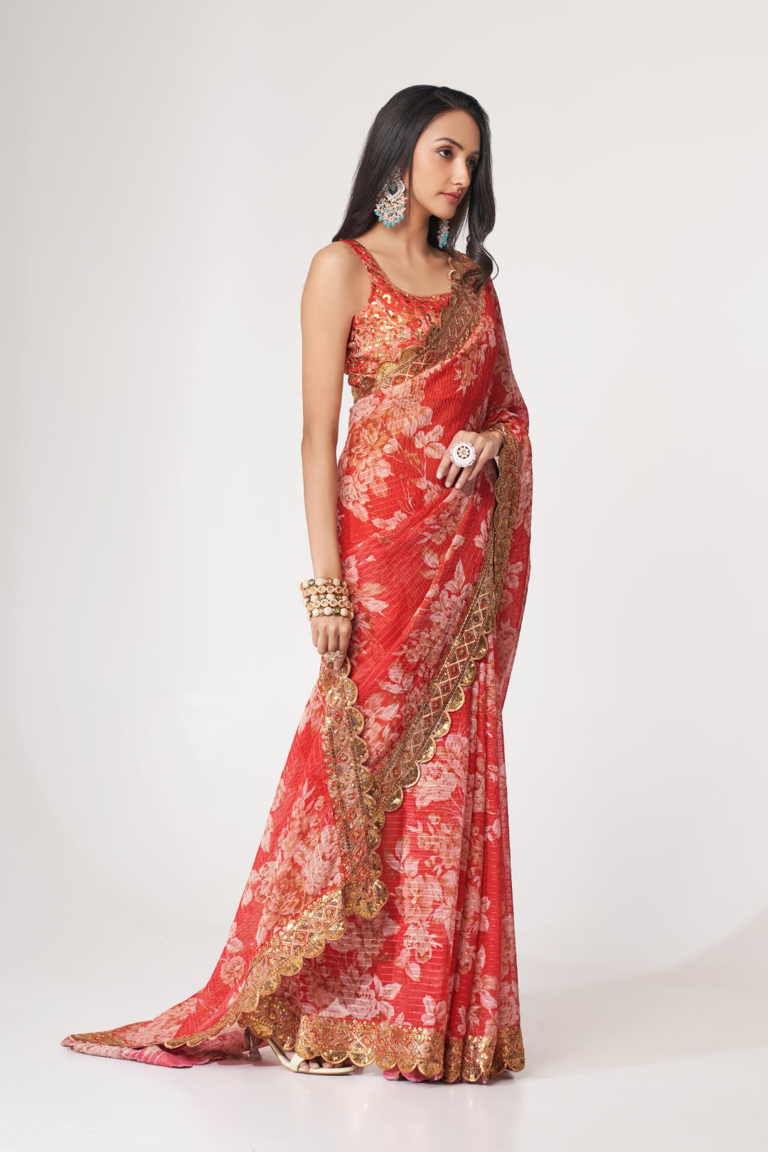 Red Organza Saree with Sequin Embroidery and Digital Print