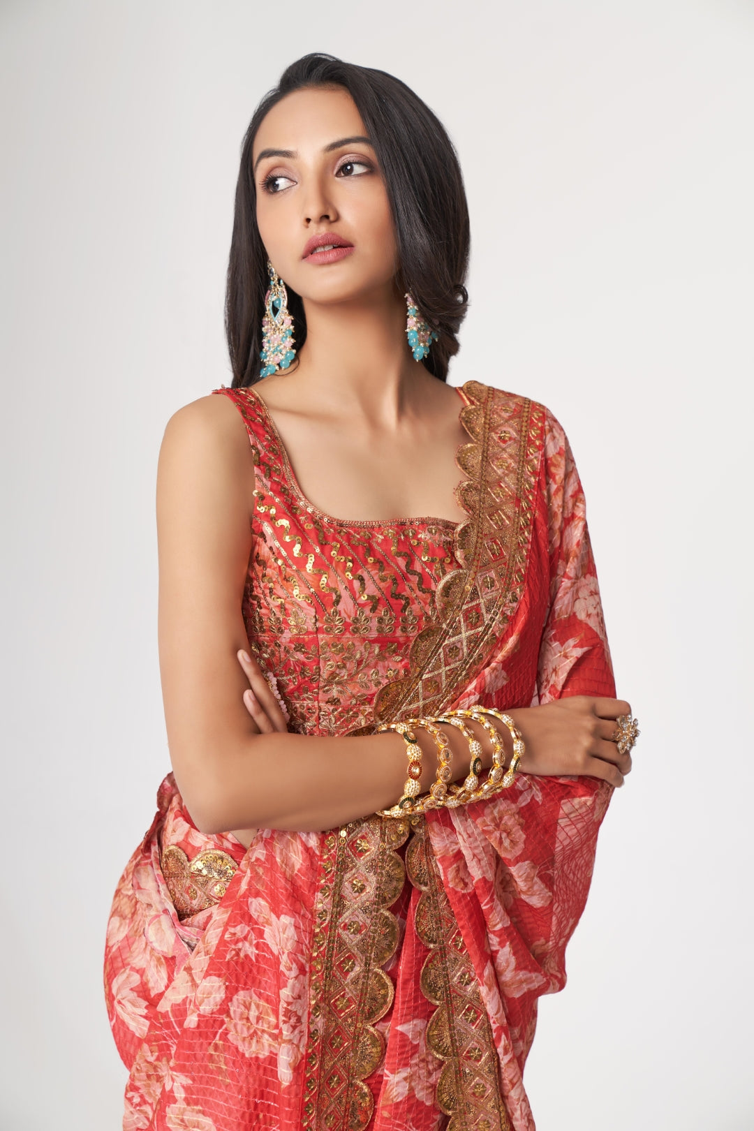 Red Organza Saree with Sequin Embroidery and Digital Print