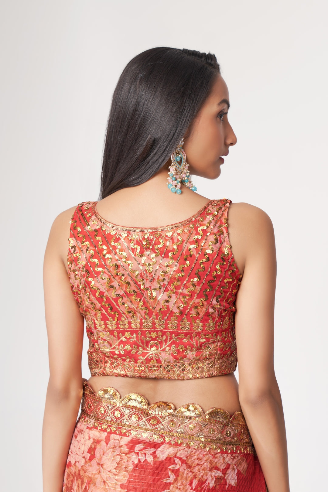 Red Organza Saree with Sequin Embroidery and Digital Print
